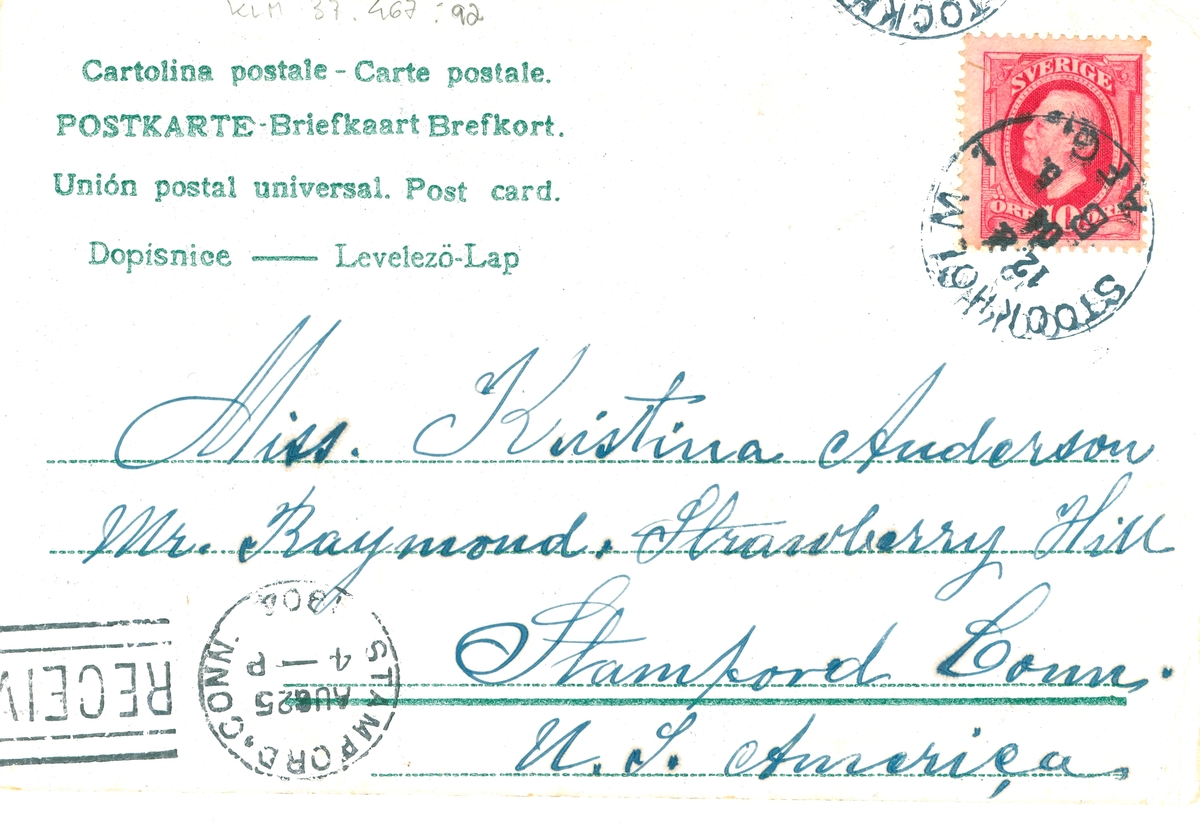 Ett vykort till Kristina Andersson, Stamford, Connecticut, USA.  Det är skrivet av Edvard Nilsson i Böda.