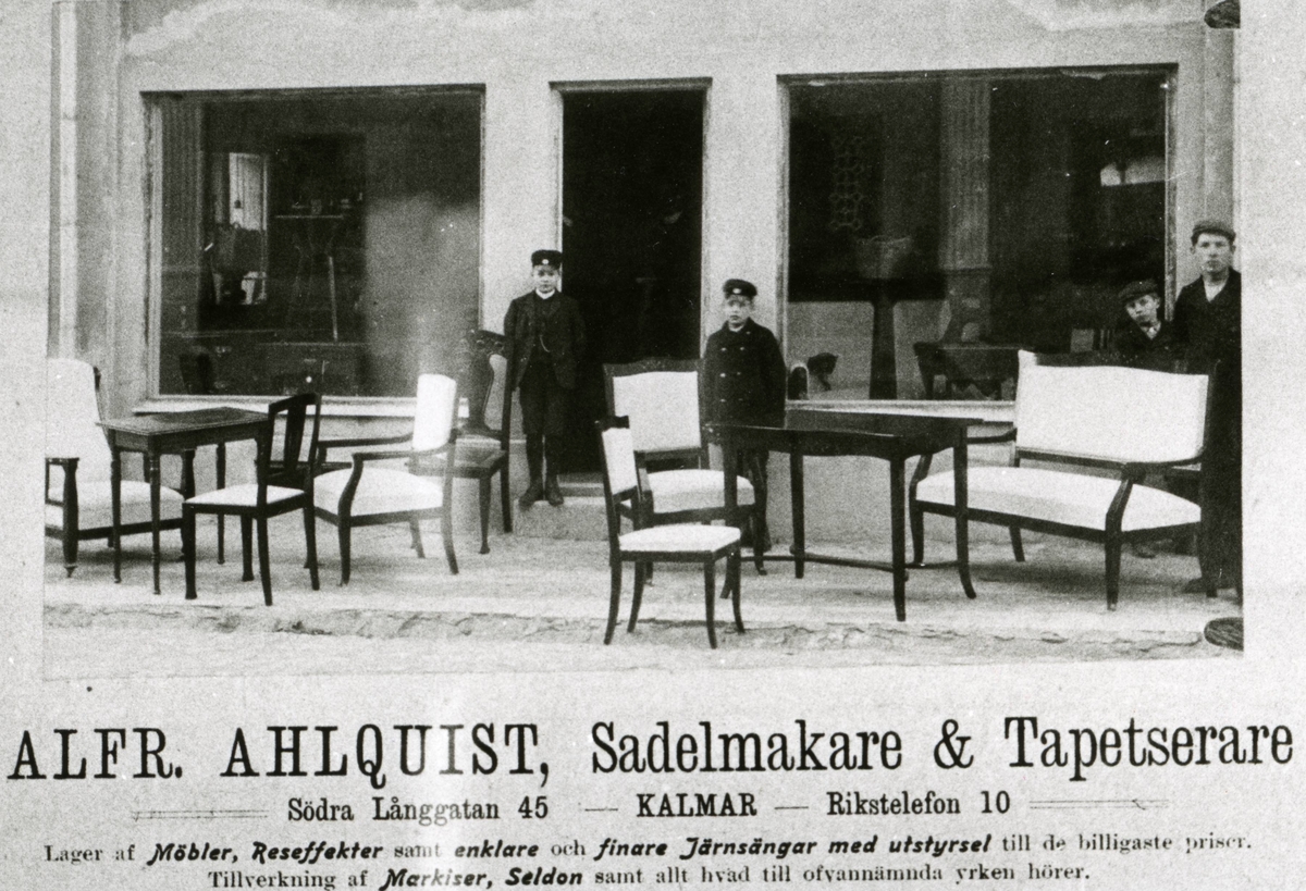 Alfr. Ahlquist, Sadelmakare & Tapetserare, Södra Långgatan 45. Detalj av annonstavla 1908.