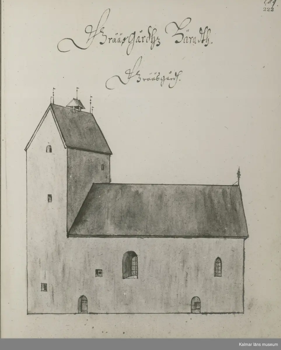 Teckning av Gräsgårds tidigare kyrka.