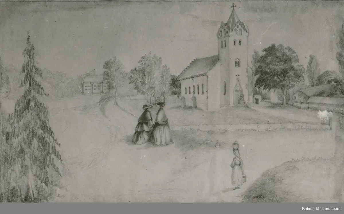 Teckning av Ulla Toll föreställande Ljungby kyrka. Två promenerande kvinnor och en kvinna som transporterar, bär sin last på huvudet, sannolikt med hjälp av en bärkrans mellan huvudet och korgen.