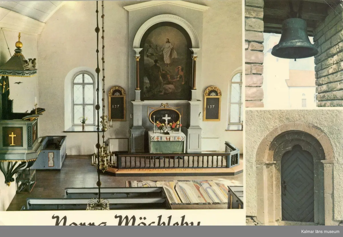 Vykort med interiör och exteriör av Norra Möckleby kyrka.