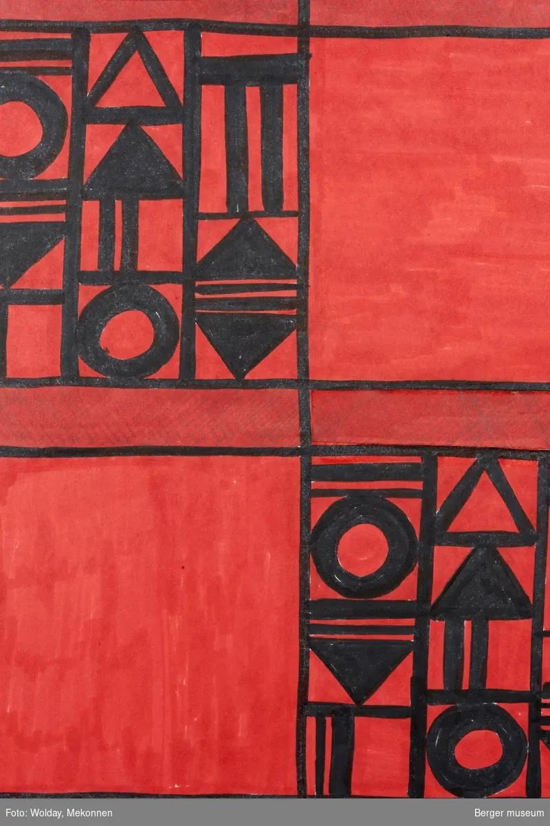 Mønsteret er inndelt som kvadratiske, røde felt dekorert med geometriske mønstre i sort
