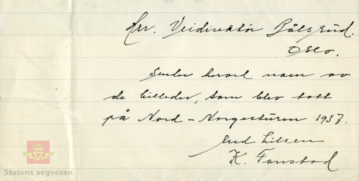 Nord-Norgetur 1937. Håndskrevet tekst til bildene: "Hr. Veidirektør Bålsrud, Oslo. Sender herved noen av de billeder, som blev tatt på Nord-Norgeturen 1937. Med hilsen K. Fonstad". Sannsynlig er disse bildene i tilknytning til et minnealbum med deltagere i veg- og jernbanekomiten i Troms, 1937.