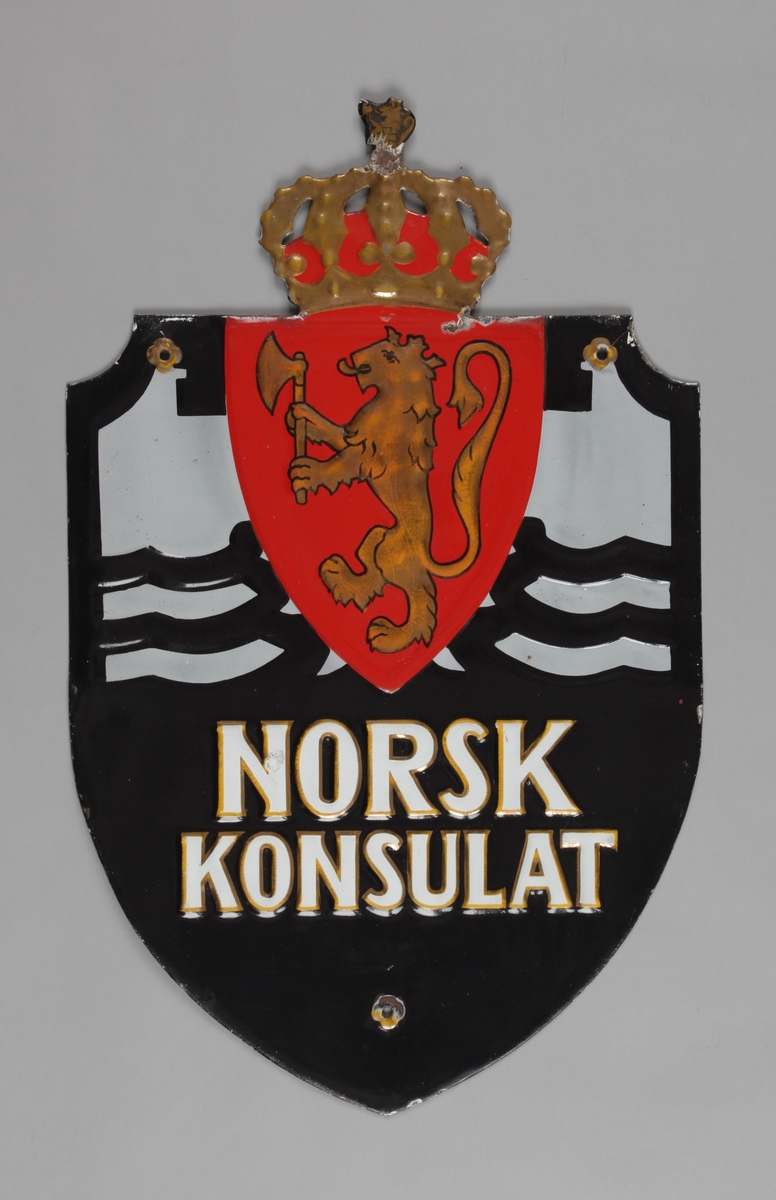 Skilt med det norske riksvåpen motiv.