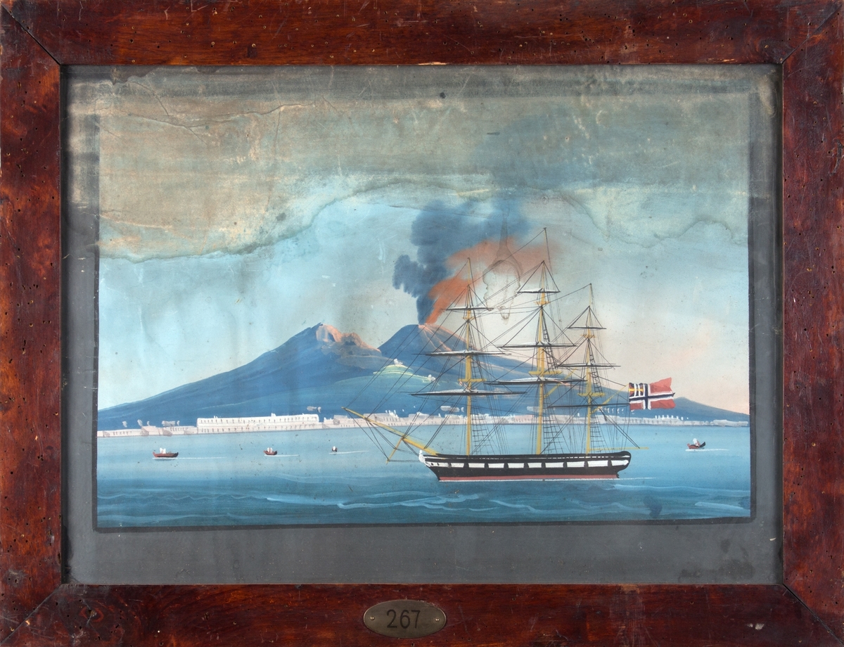Skipsportrett av bark ALGIER til ankers utenfor Napoli, Vesuv ses i bakgrunnen. Norsk flagg med norsk-svensk unionsmerke i akter.