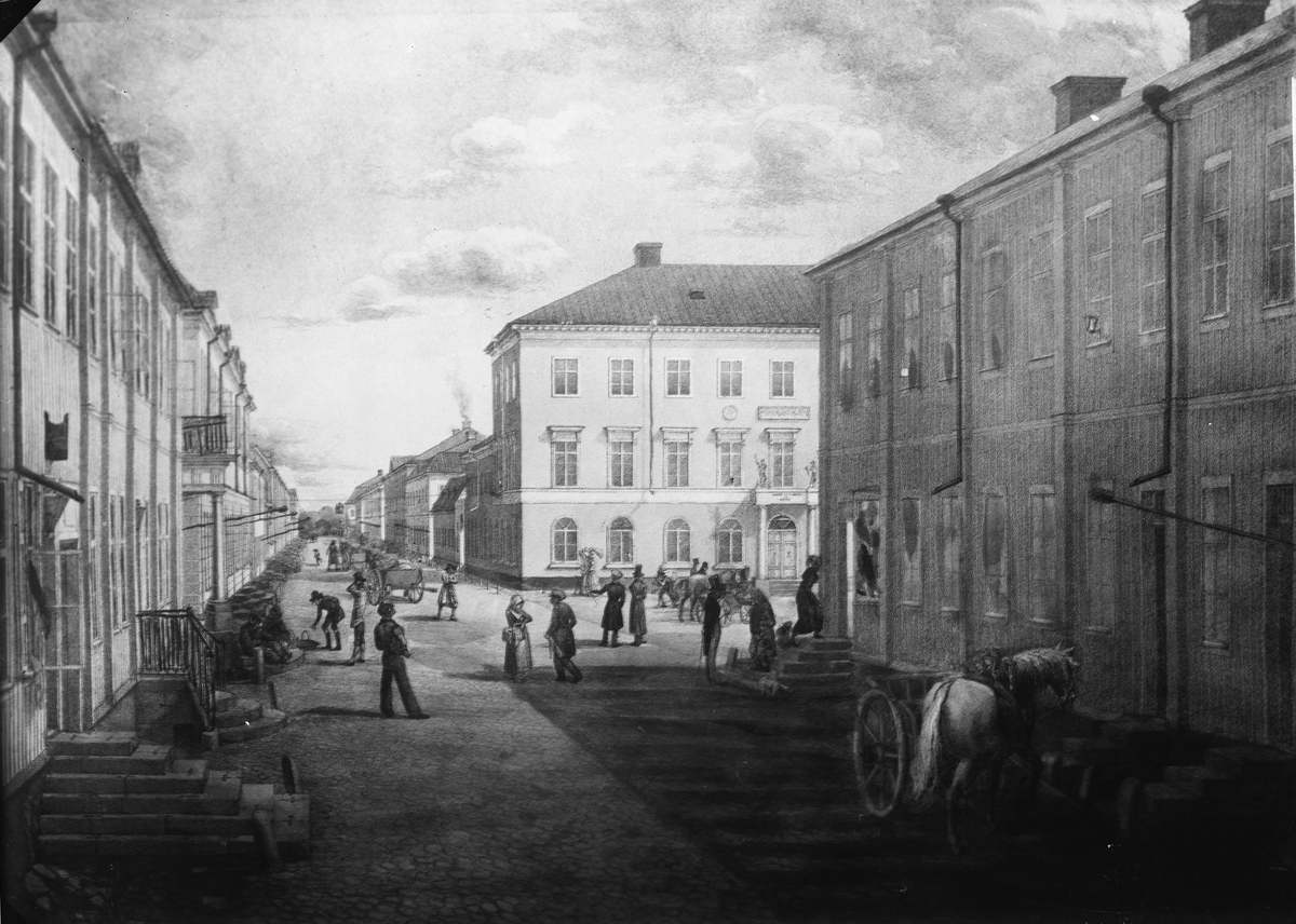 Drottninggatan och Rådhustorget på 1860-talet. I mitten Pehr Ennes' hus. Foto av F. Tollins litografi.
