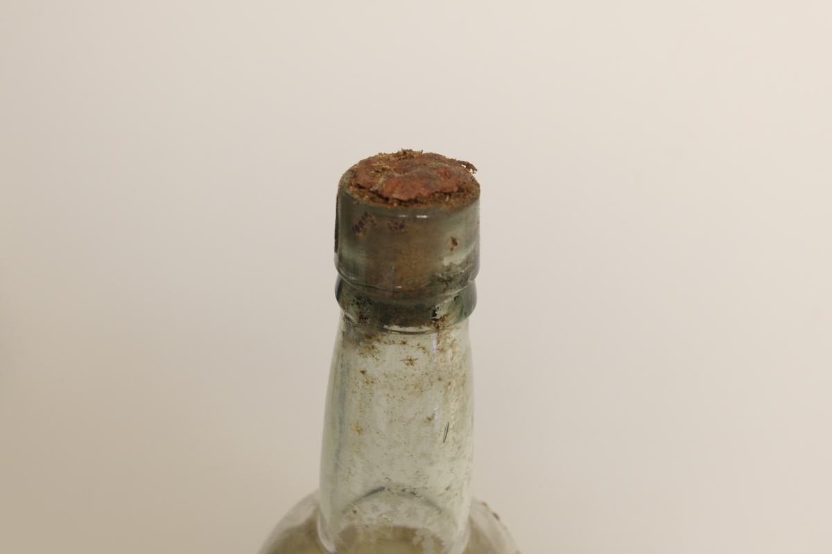 Flaske med 2 slanger som ligger i ei mørk væske. Flaska er korket/forseglet og påsatt en etikett med håndskrevet tekst.