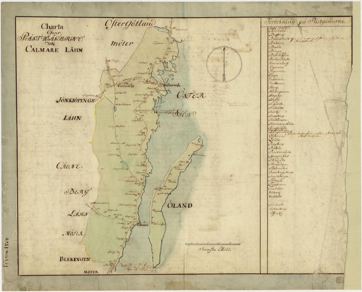 Postkarta över postvägarna i Kalmar län, Småland, under 1700-talets mitt. Kartan visar endast Kalmar län, de angränsande länen namnges endast vid sidan om. En förteckning över postgårdar finns till höger. Kartan är ritad och kolorerad för hand.