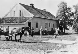 Hest, vogn, personer, bolighus, sykler.