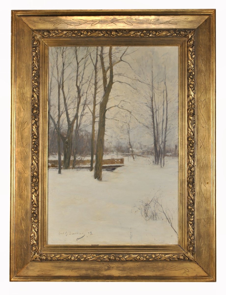 Målningen visar motiv från Stadsträdgården i Gävle en gråmulen vinterdag.