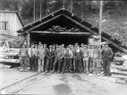 Bygging av kraftverket Nore 1 
Gruppe arbeidere foran en tu