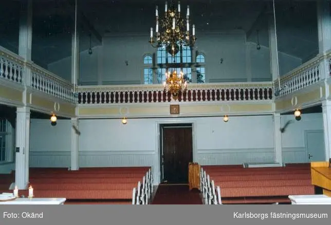 Karlsborg Kungsgatan, interiör av missionskyrkan. Gåva av Seved Andersson, Gräshult år 2001.