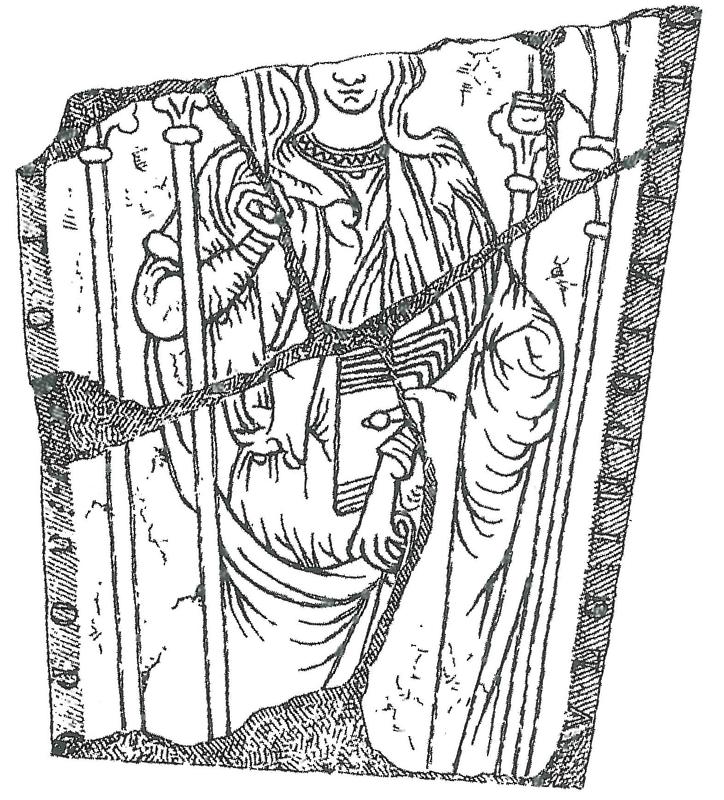 Tegning av fasong og mønster på gotisk kvinnegravstein funnet på Domkirkeodden.