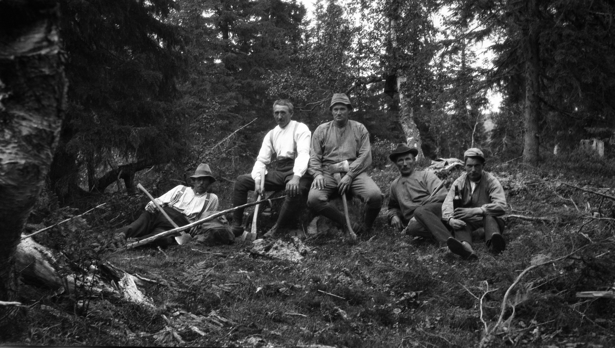 Fem karer på skogsarbeide. Fra venstre: Martin Olsen (?),  Nils Gunnerød, Ole Natanael Gunnerød, og Johan Skjønsby. Mannen lengst til høyre er ikke identifisert.