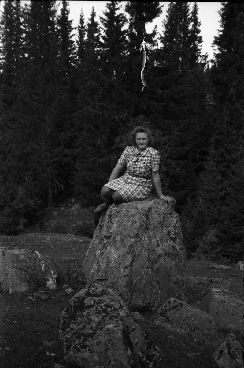 Uidentifisert kvinne på en stor stein mot en bakgrunn av granskog.