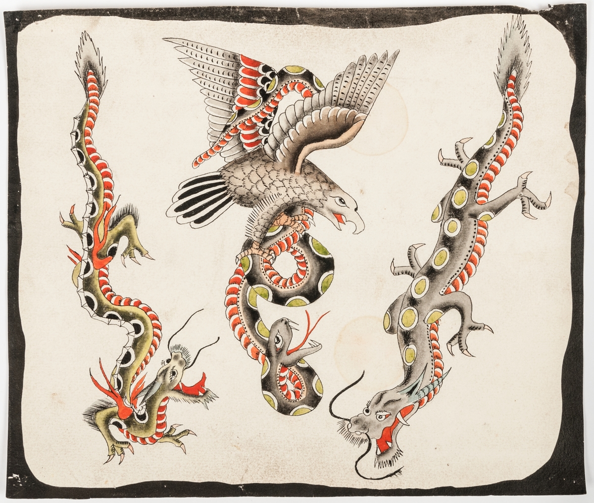 Tatueringsförlaga med mönster av ödlor, örn. 
Storlek, med svart bård, 22x26 cm.