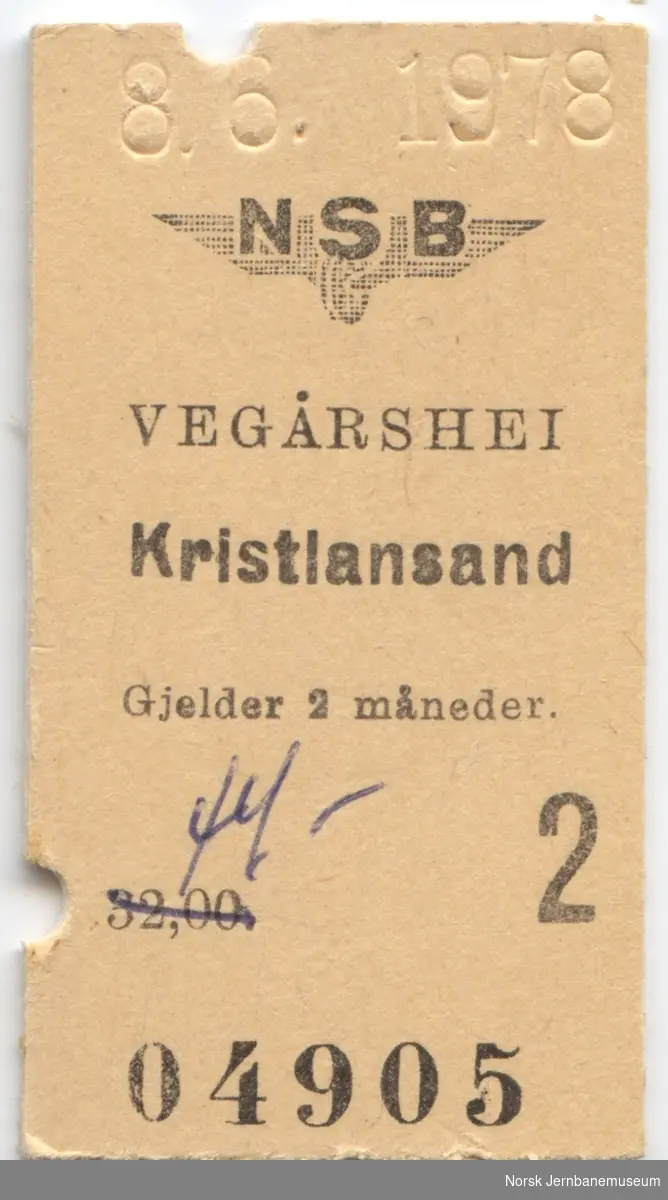 Billett Vegårshei-Kristiansand, 2. klasse