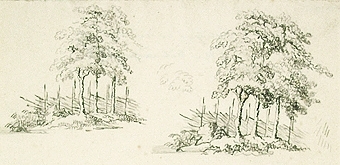 Bilden föreställer två trädpartier vid en gärdsgård.
Osignerad men kan vara av en Kylberg.