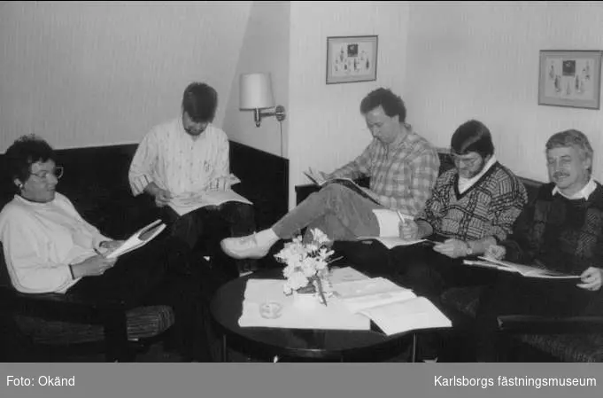 Kurs på stora hotellet i Karlsborg för arbetsledare och skyddsombud, 1989. Inger, Lennart, Leif, Sven-Erik och Tommy.