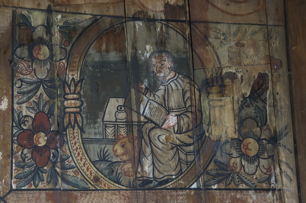 Evangelisten Markus. Veggmalerier med religiøse motiver, datert 1652, fra apsis i Gol stavkirke på Norsk Folkemuseum.