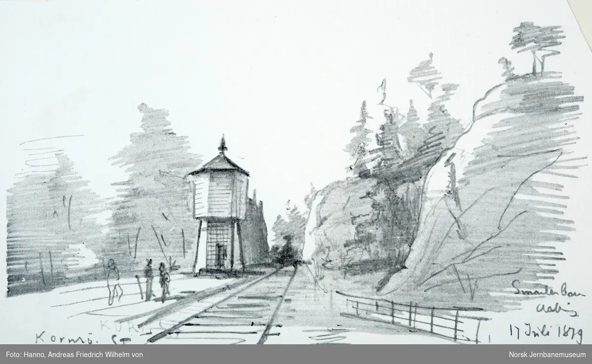 Åpningen av Østfoldbanen Halden-Kornsjø og Dalsland Jernväg - tegninger av von Hanno - fra Kornsjø med vanntårnet