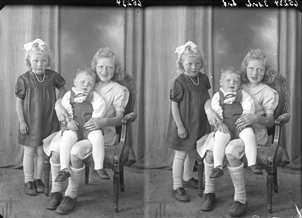 Portrett. Familegruppe på tre. Tre barn To piker og en liten gutt. Bestilt av Lava Sakkestad. Sakkestad.