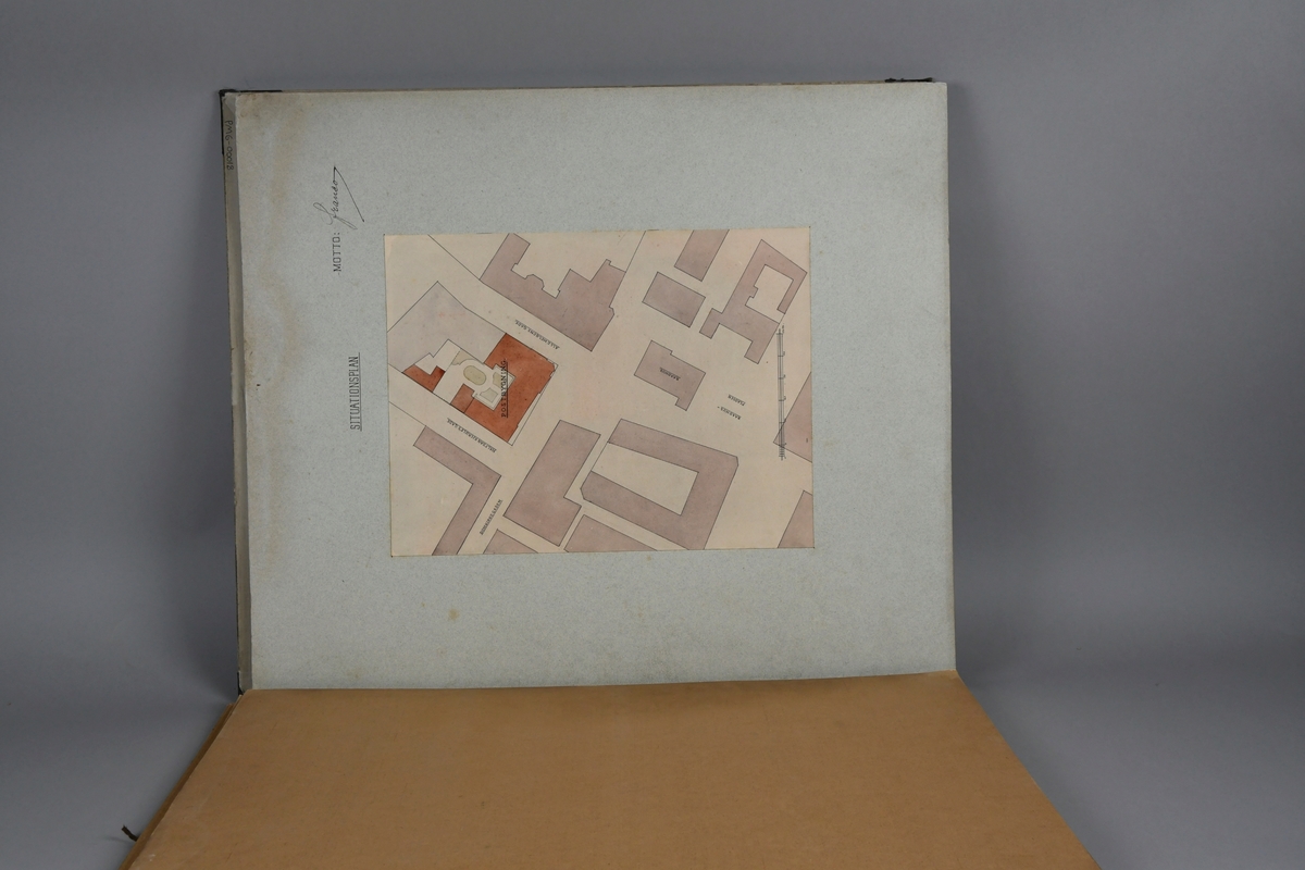 Mappe med konkurransetegninger til posthus i Bergen.