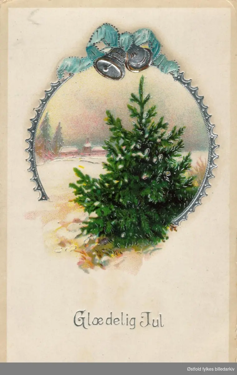 Julekort. Tegning av grantre. Poststempla 1916.