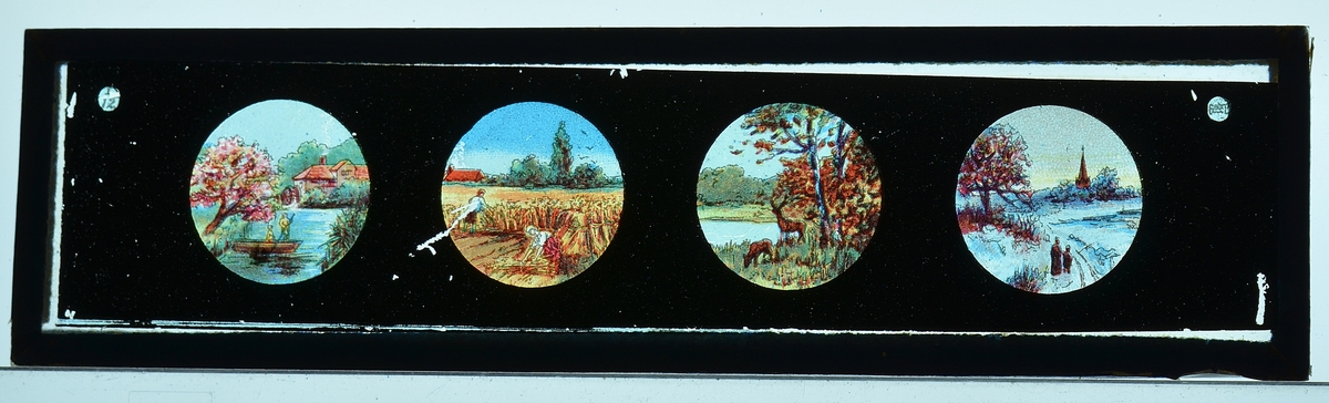 7 avlange glassplater med forskjellig motiv.