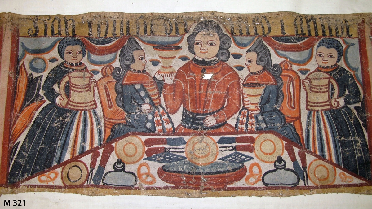 Bonadsmålning från Brearedsgruppen med religiöst motiv i blått, rött, orange och gult målad med tempera på tuskaftvävt linnetyg - pigment och ägg/äggula plus ev mjöl. De gröna pigmenten kan vara orpiment eller schweinfurtergrönt båda innehållande arsenik (Nyström 2012:150-151).

Bonaden är troligen målad av Johannes Nilsson (1757-1827) verksam i Gyltige, Breared socken eller hans elev Anders Pålsson (1781-1849) verksam i Trönninge söder om Halmstad. Bonaden är märkt Breared PPS i övre höger hörn vilka initialer inte liknar någon känd bonadsmålare förutom de sista PS i Anders Pålsson. Men stilen vid jämförelse med andra bonadsmålningar liknar mer Johannes Nilssons än Anders Pålssons.
