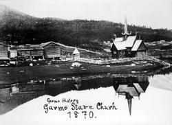 Påskrift: Garmo History. Garmo Stave Church 1870.