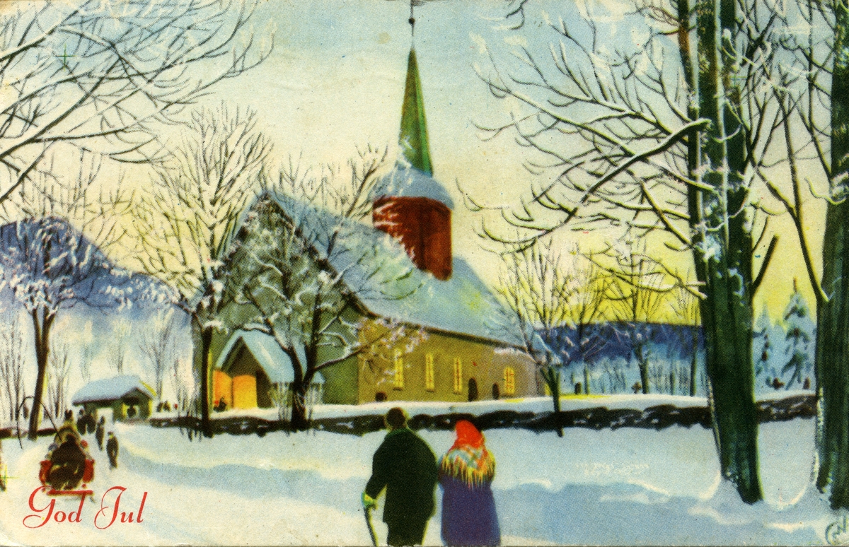 Julekort. Jule- og nyttårshilsen. Vintermotiv. Kirkegjengere på vei til kirke.