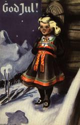 Julekort.Ubrukt. Vintermotiv. Pike i Setesdalsbunad utenfor 