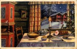 Julekort. Julehilsen. Interiør bondestue. Bord dekket til ju