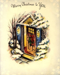 Julekort. Julehilsen. Vintermotiv. Hus. Dør med juledekorasj
