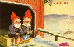 Julekort. Ikke brukt. Vintermotiv. To nisser sitter på ei ka