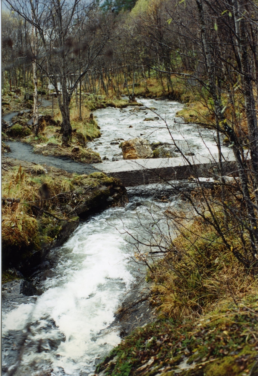 Anlegg av Taraldsvikelva landskapspark 1994 (ovenfor Snorres gate). Granittbru med nyanlagt gangsti ned mot det som skulle ha blitt Påskeliljeplassen