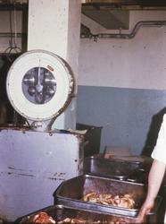 Vekt og kjøtt i metallbaljer.