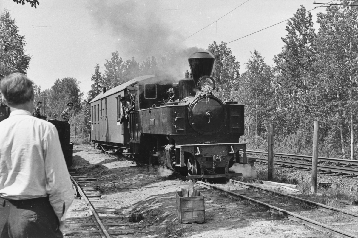 Et av de første tog på museumsbanen Urskog-Hølandsbanen på Bingsfoss, trukket av damplokomotiv 6 Høland. Turen ble arrangert for andelshavere og deres familie.