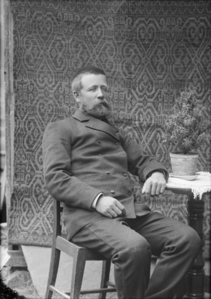 Portrett av Petter Teige. Voksen mann med skjegg, sitter på stol, vevd åkle som bakgrunn.