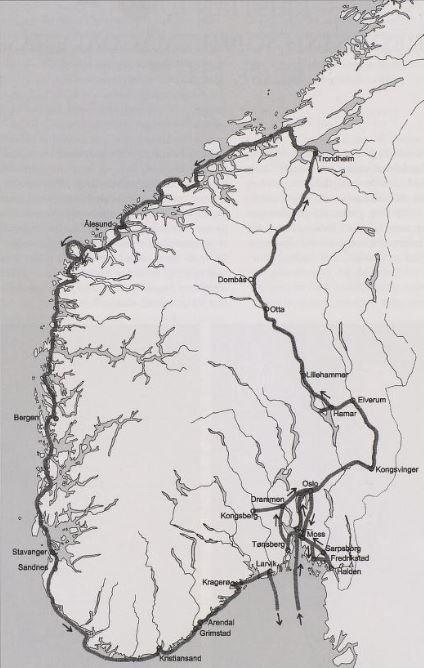 Kart over stedene i Sør-Norge som Christian 6. besøkte i 1733. (Foto/Photo)