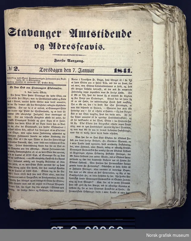 Stavanger bys første trykte avis, Stavanger Adresseavis som utkom fra 1833, byttet i 1841 navn til Stavanger Amtstidende og Adresseavis. Her vises 1841-årgangen, ST-G.02960.