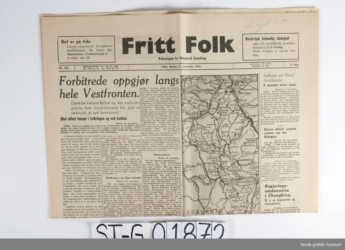 Fritt Folk: Oslo, tirsdag 21. november 1944.