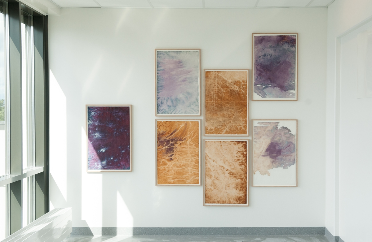 Anngjerd Rustands abstrakte billedkomposisjon over to vegger forteller om en prosess med blåbær og aske.