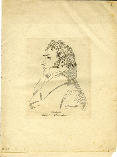Litografi.
Porträtt av Jöns Jacob Berzelius. 
Bröstbild, halvprofil.
