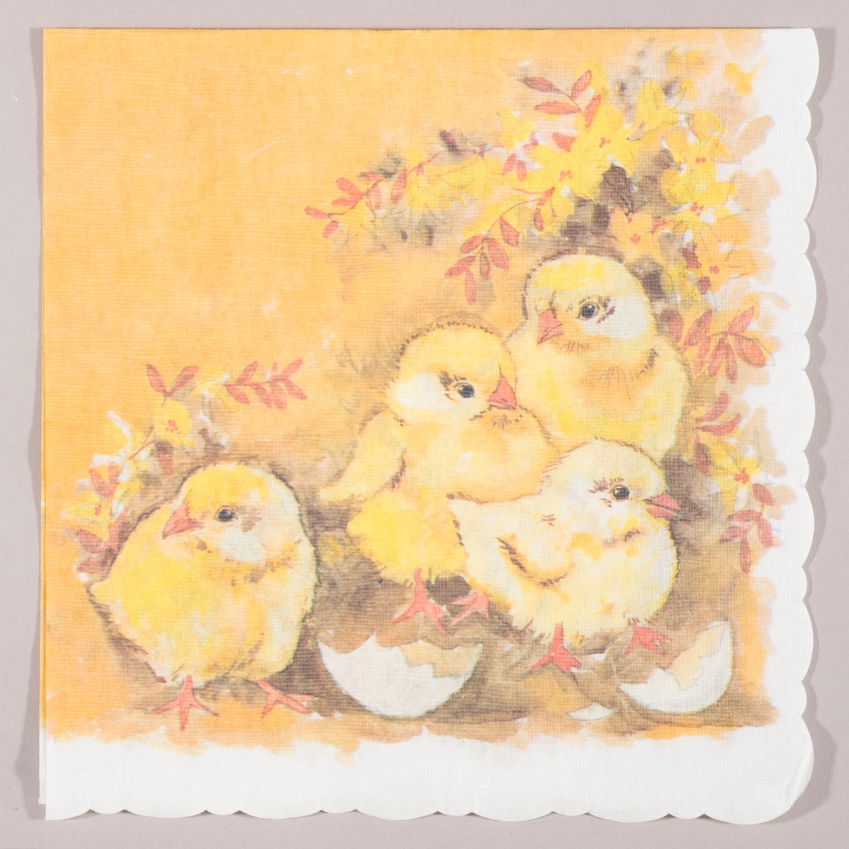 Fire kyllinger og skall av egg. gule blomster og oransje blader.