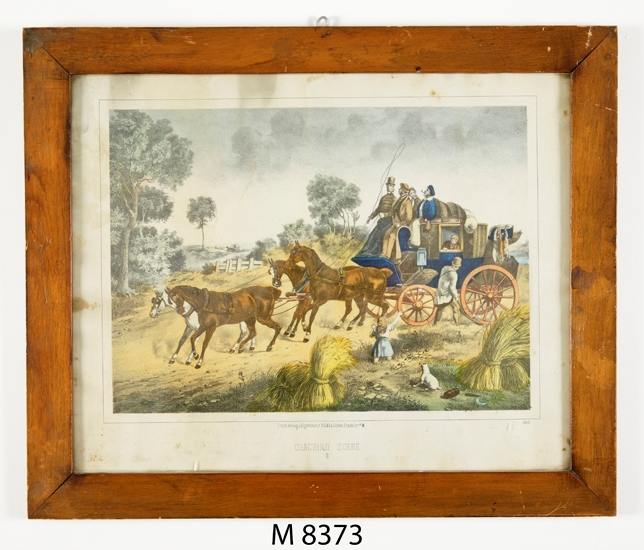 Färglitografi.
Litografi med färgtryck, kallad " Coaching Scene III ".
En diligens förspänd med fyra hästar är på väg genom ett landskap med hökärvar.