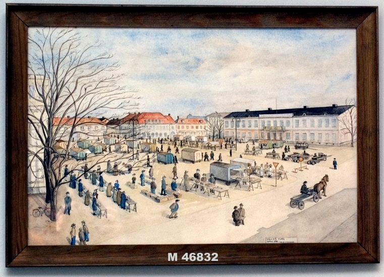 Akvarellmålning.
Växjö torg 1941. 
Vy från sydost, till höger syns residenset.
