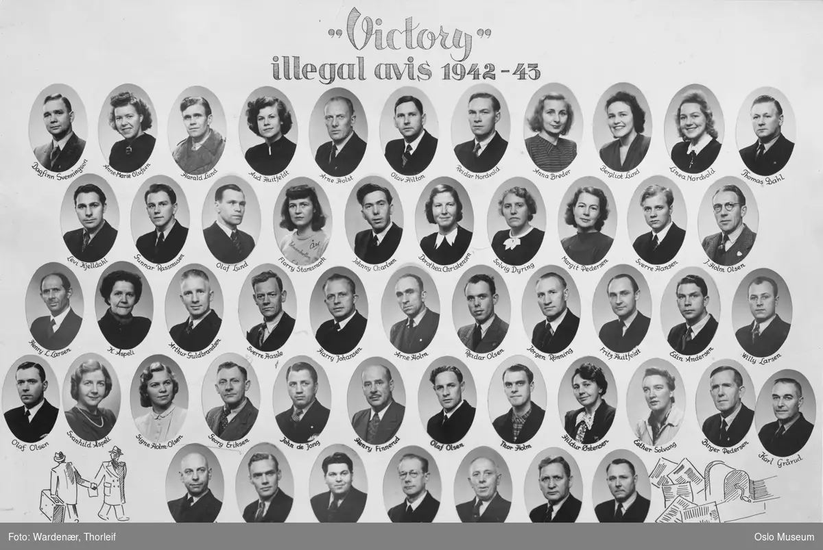 montasje: portretter, menn, kvinner, medarbeidere i illegal avis "Victory" 1942-43
