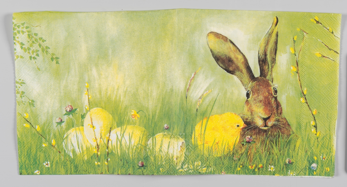 En hare og en kylling, skallet av et egg og tre andre egg, som ligger i høyt gress. Påskeliljer, grener med "gåsunger" og forskjellige blomster i gresset.